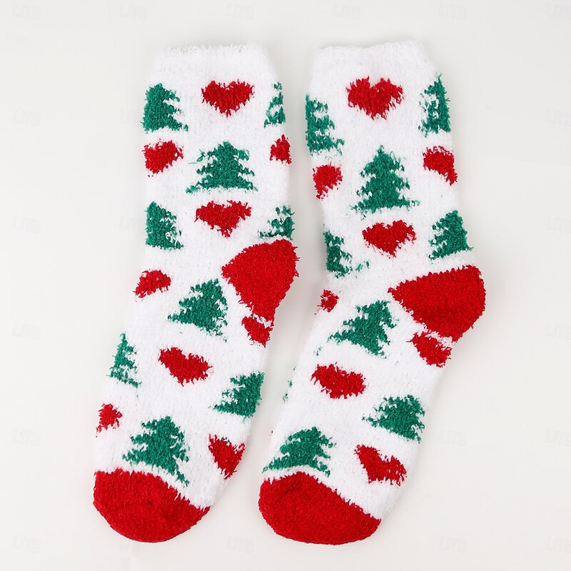 Christmas Socks for Women, Thick Coral Fleece Floor Socks, Non-Shedding Plush Socks with Reindeer & Santa Claus Design, Cozy Warm Holiday Socks2