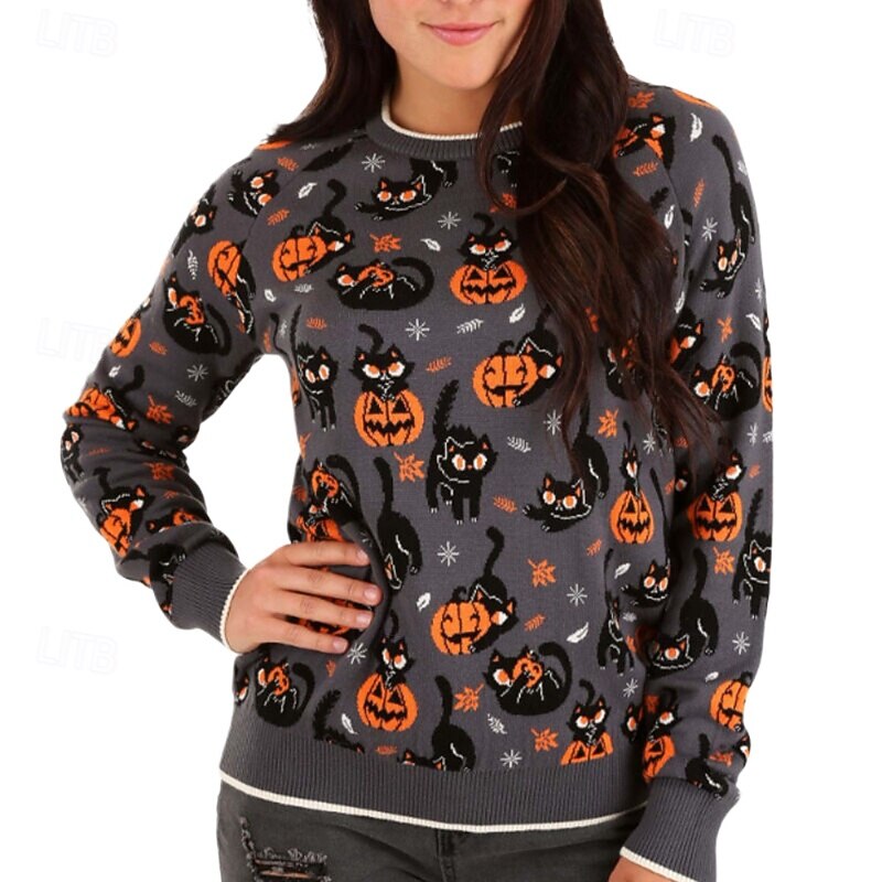 Women's Sweater Pullover Casual Pumpkin Ribbed Crew Neck Knitted Print Long Sleeve Regular Tops Knit Halloween Daily Going out Dark Gray Winter