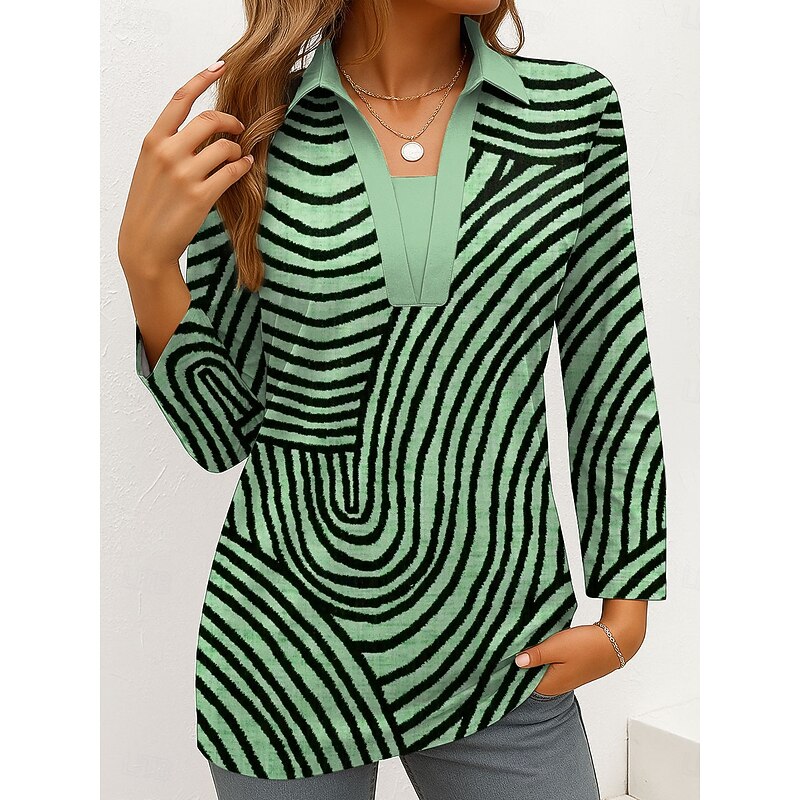 Women's T shirt Long Sleeve Graphic Geometric Vintage Stylish Modern Long Sleeve V Neck Shirt Collar Regular Tops Daily Weekend Formal Wear Print Blue Purple Green Khaki Spring Fall Winter Prefall4