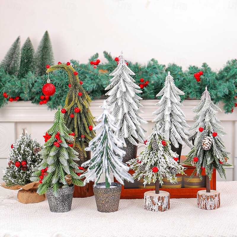 Christmas Mini Tree Tabletop Desktop Artificial Christmas Tree Xmas Decor Realistic Red Berry Small Tree Festive Holiday Window Display Party Prop Perfect Seasonal Ornament - Main Image