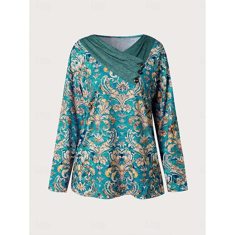 Women's T shirt Long Sleeve Graphic Geometric Plants Basic Long Sleeve Pile Neck V Neck Regular Tops Daily Sports Weekend Buttons Print Green Gray Spring Fall Winter Prefall2