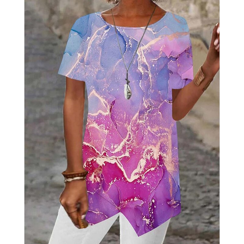 Women's T Shirt Tee Top Graphic Fashion Modern Short Sleeve Crew Neck Regular Tops Daily Going out Beach Wear Print Asymmetrical Blue Sky Blue Purple Rose Pink Light Blue Summer3