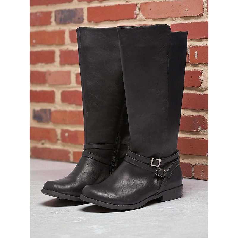 Women's Black Extra Wide Calf Knee High Boots with Side Zipper and Buckle – Casual Classic Riding Boots for Work, Travel and Outdoor Outfits4