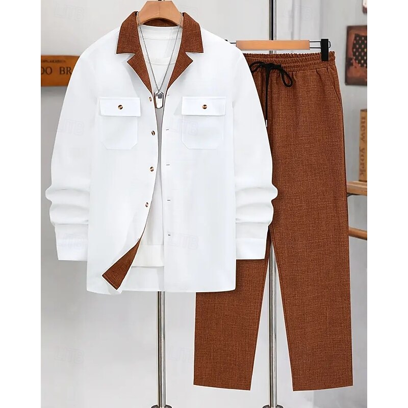 Men's Lightweight Jacket Casual Jacket Set Vacation Daily Breathable Pocket 2 Piece Spring Fall Color Block Fashion Classic Lapel Regular Black Blue Brown Khaki Jacket3