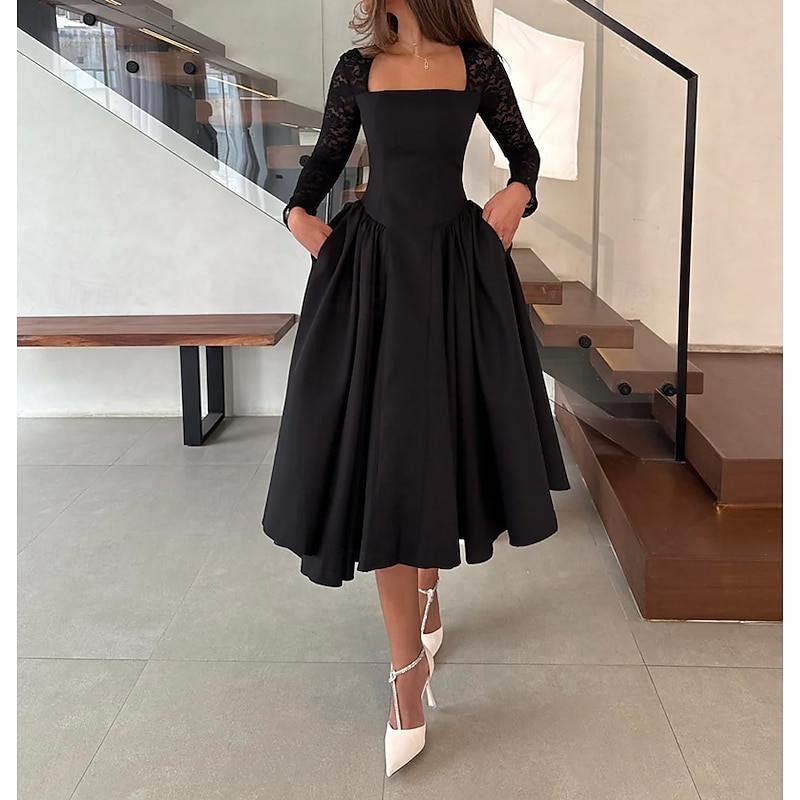 Black A-Line Cocktail Dresses Stretch Crepe Long Sleeve Formal Dress  Elegant Dress Wedding Tea Length Midi Length Square Neck Stretch Lace with Ruched Pocket 20252