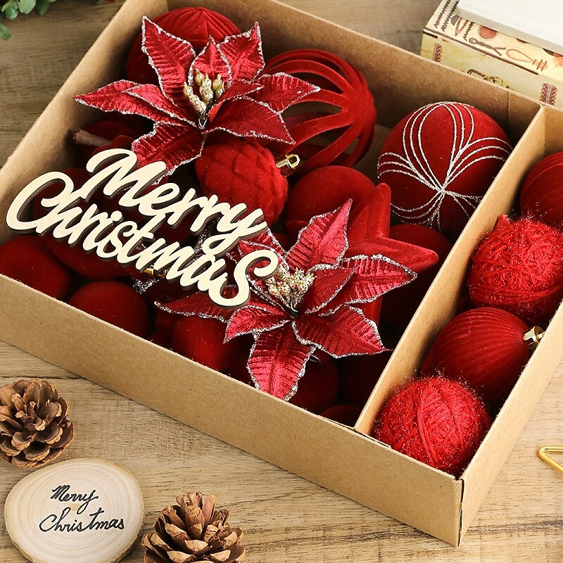 16 pcs Christmas Tree Balls Baubles Ornaments, 8 cm/3.15 inch Xmas Decoration, Velvet European Style Hanging Flowers and Balls Set3