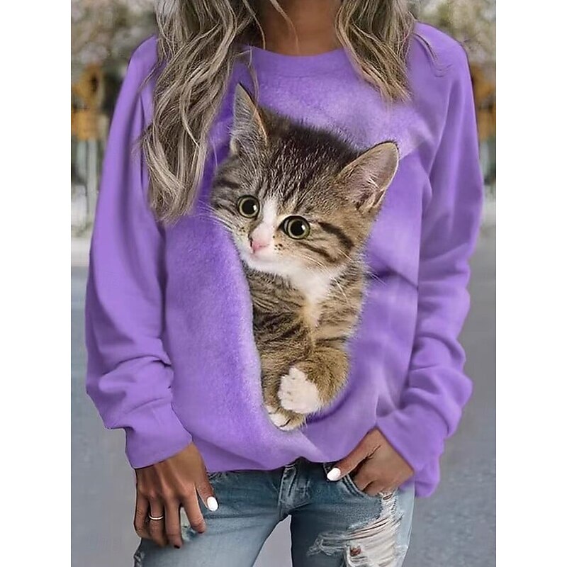 Women's Pullover Sweatshirt Graphic Animal Cat Casual Long Sleeve Crew Neck Regular Tops Street Casual Holiday Print Pink Blue Purple Orange Green Spring Fall Winter