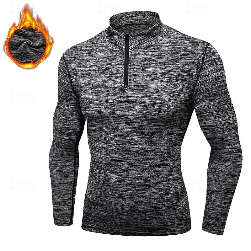 Men's Compression Shirt Fleece Base Layer Workout Tops Long Sleeve Top Athleisure Solid Colored Quick Dry Warm Gym Basketball Athletic Sportswear Activewear Black Blue Light Grey3