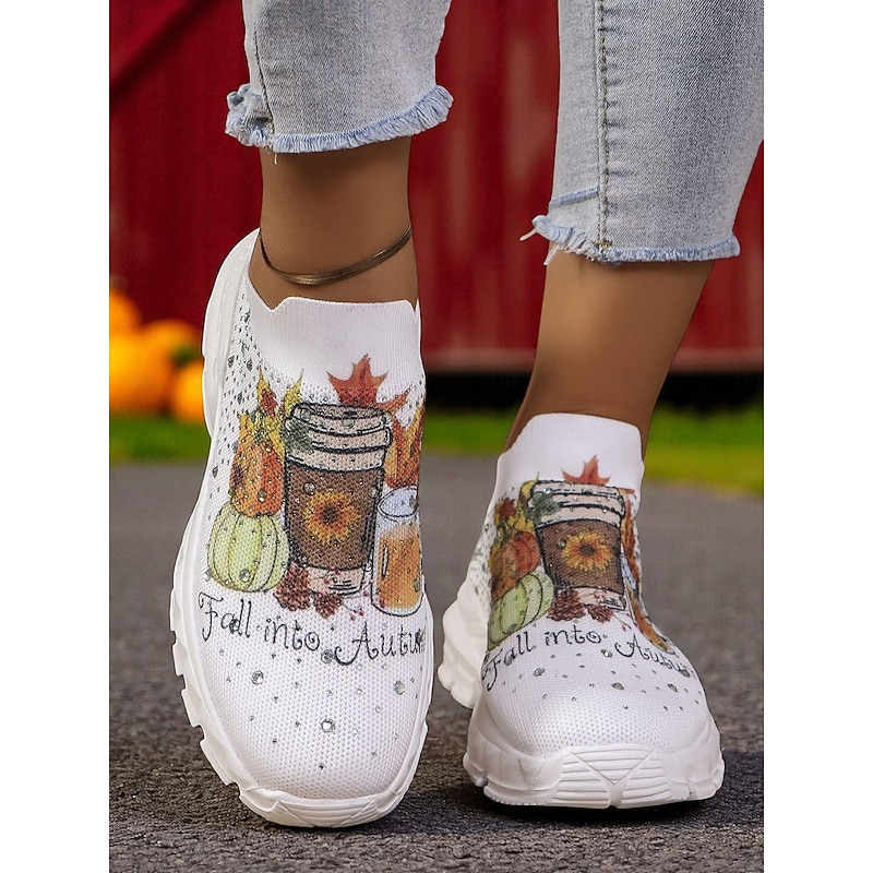 Women's Flyknit Slip-On Sneakers with Autumn Pumpkin Coffee Print – Lightweight Casual Fall Walking Shoes for Halloween & Harvest Festival2