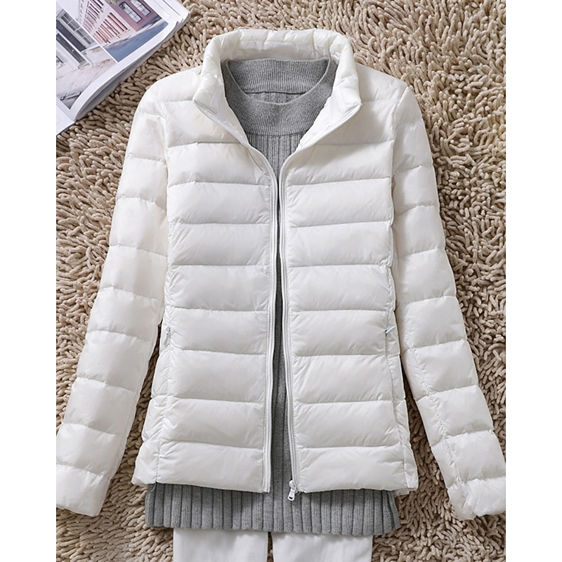 Women's Down Jacket Puffer Jacket Warm Comfortable Zipper Pocket Casual Plain Holiday Casual Daily Weekend Zipper Regular Stand Collar Regular Fit Long Sleeve Outerwear Black White Red Fall Winter2
