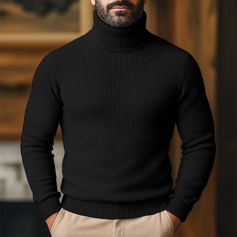 Men's Sweater Pullover Sweater Jumper Ribbed Knit Regular Tops Knitted Slim Fit Plain Turtleneck Knitwear Contemporary Casual Daily Wear Clothing Apparel Fall Winter Wine Black S M L4