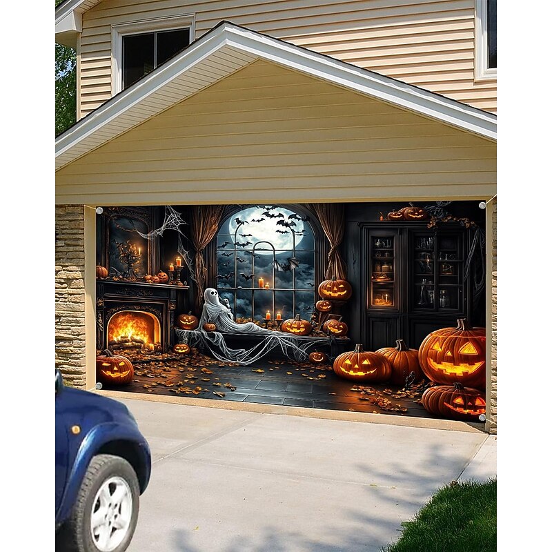 Halloween Garage Door Cover Large Hanging Backdrop Ghost Castle Dark Punk Gothic Style Party Outdoor Shooting Backgrounds Yard Haunted House Home Decor2