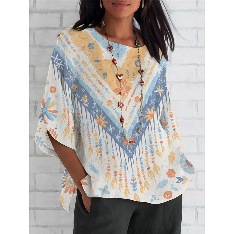 Women's Shirt Floral Daily Casual 3/4 Length Sleeve Crew Neck Regular Tops Daily Holiday Print Blue Summer Spring Fall