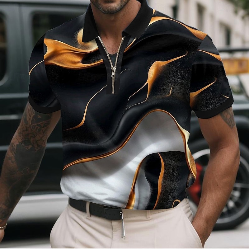 Men's Geometic Line Zip Polo Shirts Short Sleeve Polo Shirts Collared Shirts Casual Athleisure Daily Wear 3D Print Summer Yellow Blue Orange