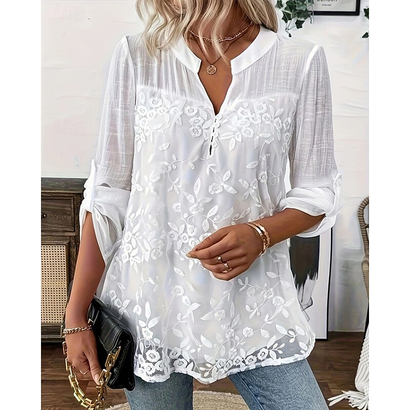 Women's Shirt Solid Color Elegant Stylish Basic Long Sleeve V Neck Regular Tops Daily Going out Lace White Spring Fall