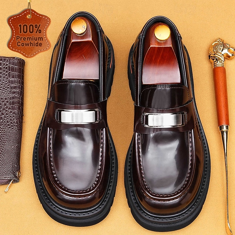 Men's Brown Leather Penny Loafers with Metal Buckle – Classic Dress Shoes for Business, Formal Events  and Office Wear