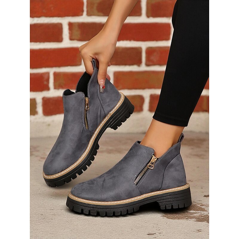 Women's Gray Faux Suede Ankle Boots – Side Zip Closure, Non-Slip Lug Sole, Stylish Fall & Winter Streetwear2