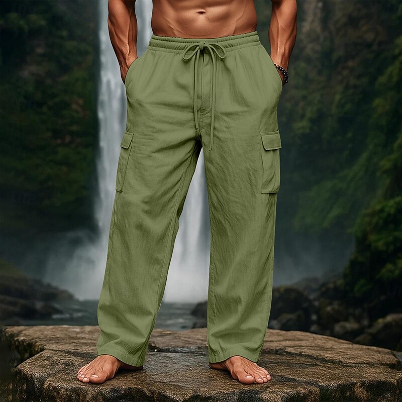 Men's Linen Pants Trousers Summer Pants Baggy Pants Drawstring Elastic Waist Straight Leg Plain Comfort Breathable Full Length Outdoor Casual Daily Vacation Fashion Loose Fit Black White Micro-elastic3