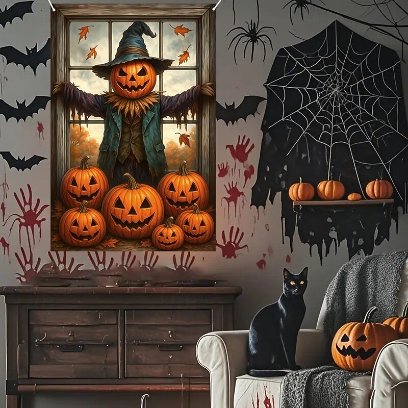 Halloween Window Cover Decorations, Fabric Cute Ghost Candle Halloween Curtain Horror Movie Poster Window Door Covering Decor for Haunted House, Scary Halloween Window Clings Decals Indoor Outdoor4