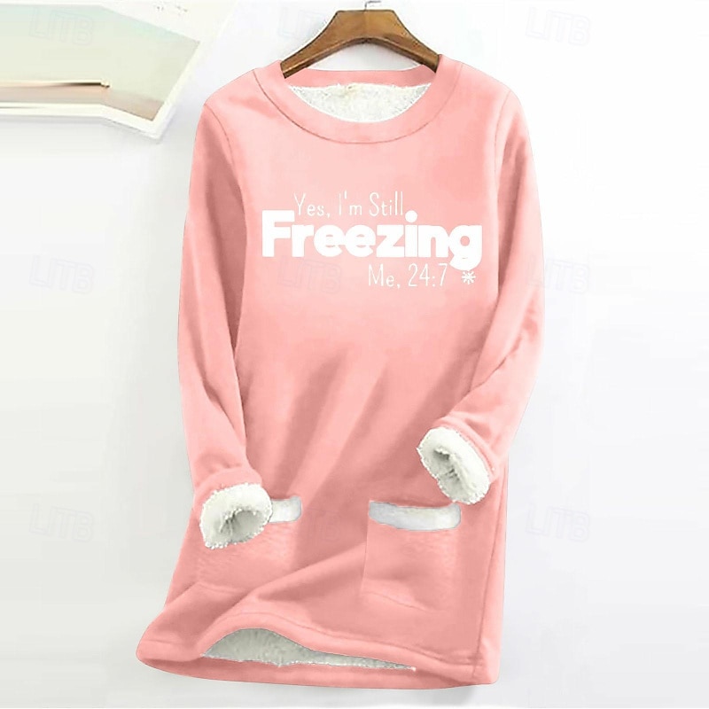 Women's Fleece Lined Pullover Sweatshirt Pajamas Pullover  Yes Im Cold Letter Streetwear Casual Long Sleeve Crew Neck Regular Tops Street Holiday Pocket Print Black Pink Blue Light Grey4
