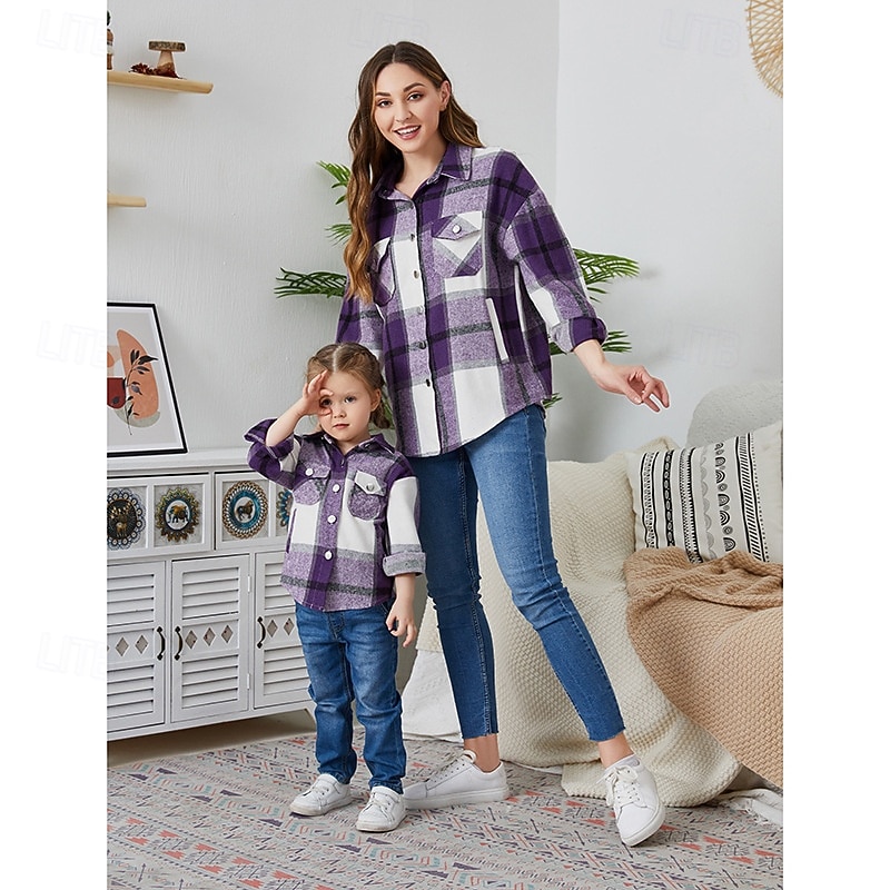 Mommy and Me Shirts Plaid Street Print Pink Red Purple Long Sleeve Active Matching Outfits3