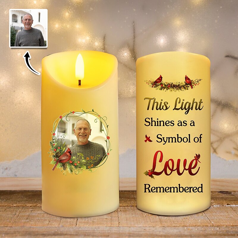 Personalized Memorial LED Candle Custom Photo Sympathy Christmas Gifts For Loss Of Loved Ones,The Light Shines as a Symbol of Love Memory Elegant Keepsake Light for Bedroom Home Decor Tribute Display