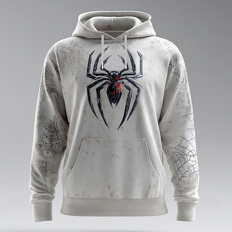 Halloween Men's Spider 3D Hoodie Sweatshirt Punk Exaggerated Crew Neck Club Streetwear Red Orange Drawstring Fall Winter Designer