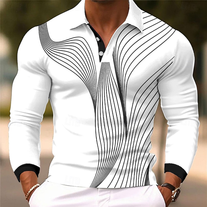 Men's Geometic Line Polo Long Sleeve Polo Shirts Lapel Casual Street Athleisure Daily Wear 3D Print Buttons Spring Fall Winter Black White Red2