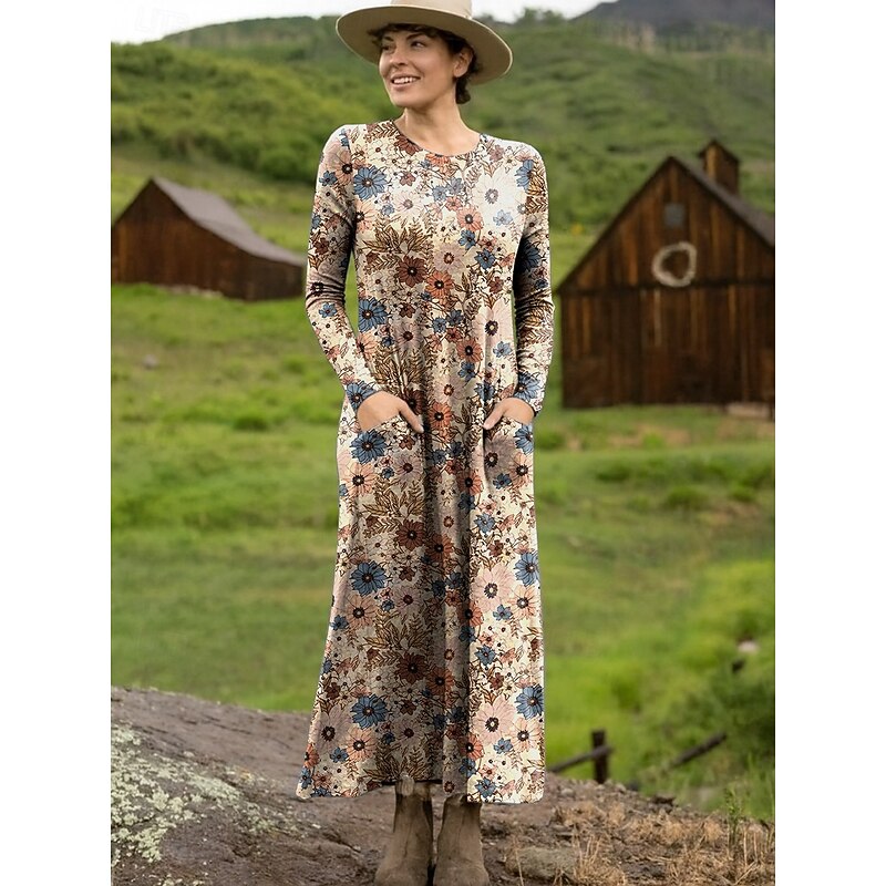 Women's Maxi Dress Sheath Dress T Shirt Dress Tee Dress Vacation Casual Boho Daily Going out Regular Fit Floral Graphic Long Sleeve Crew Neck Light Brown Blue Purple Green Spring Fall Winter Autumn4