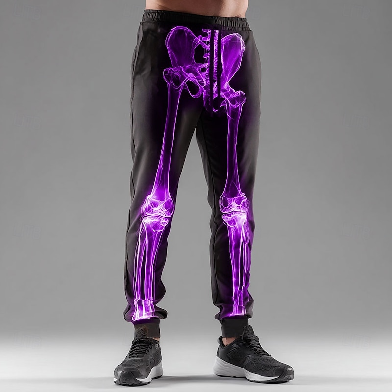 Halloween Men's Skeleton Neon Glow Halloween Costumes Sweatpants Joggers Trousers Mid Waist Drawstring Elastic Waist Dark Gothic Style Holiday Streetwear Athletic Sweatpants with Pockets Spring Fall4