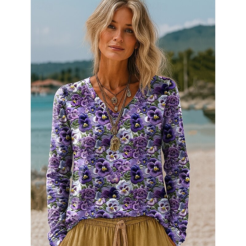 Women's T shirt Long Sleeve Floral Graphic Plants Vintage Stylish Casual Long Sleeve V Neck Regular Tops Daily Print White Light Green Pink Purple Brown  Spring Fall Prefall4
