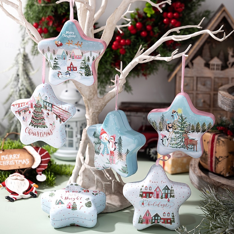 Christmas Candy Tin Box Ornament with Hanging Strap, Cartoon Holiday Storage Container, Xmas Ornament and Gift Box Decoration