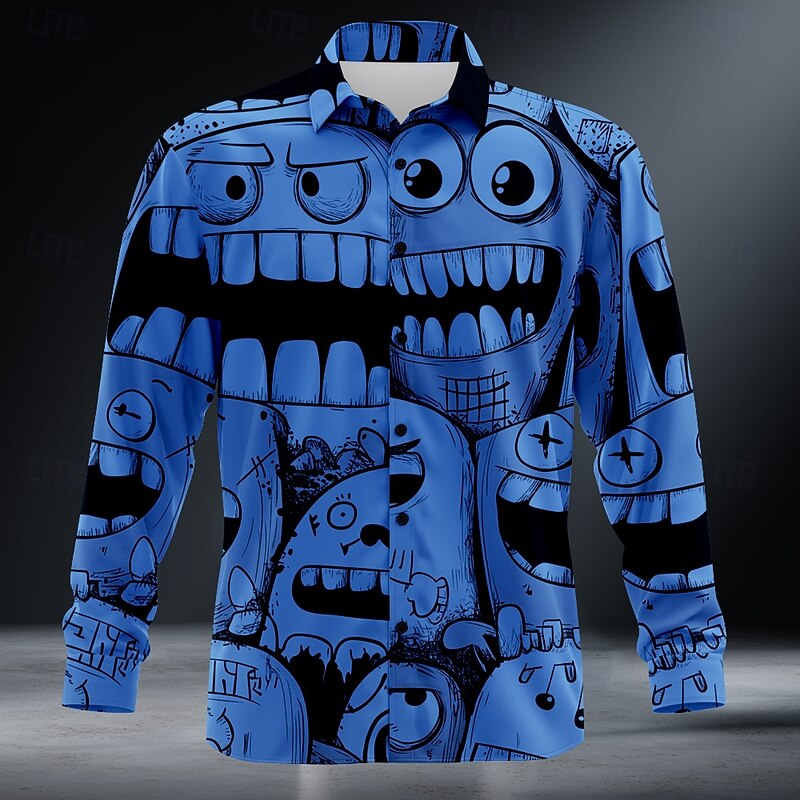 Men's Cartoon Funny Smile Face Shirt Button Up Shirt Long Sleeve Vintage Retro Outdoor Holiday Summer Spring Turndown 3D Print Collared Shirts Dark Green Orange Dark Blue Gray3