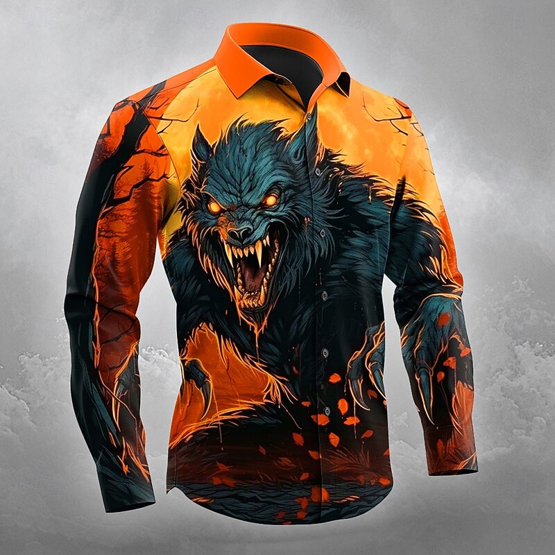 Halloween Men's Wolf Halloween Costumes Shirt Button Up Shirt Long Sleeve Dark Gothic Style Outdoor Holiday Spring Fall Turndown 3D Print Collared Shirts Orange yellow Blue Orange Dark Blue