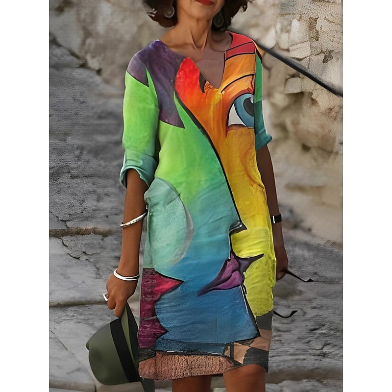 Women's Mini Dress Shift Dress Summer Dress Formal Daily Regular Fit Graphic Leaf 3/4 Length Sleeve V Neck Yellow Brown Green Summer Spring4