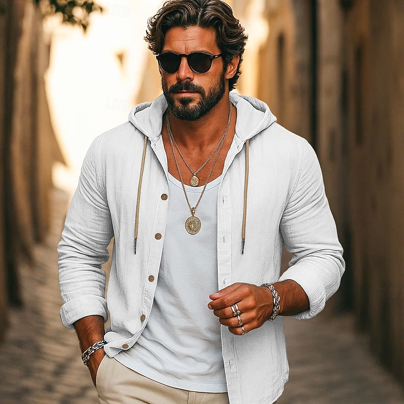 Men's Shirt Linen Shirt Beach Wear Button Up Shirt Hooded Shirt Plain Vacation Casual Black White Blue Green Long Sleeve Hooded Fall Spring & Summer Clothing Apparel Buttons