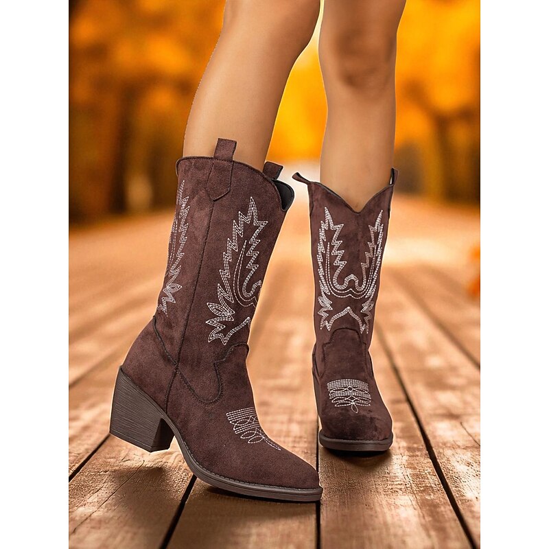 Women's Suede Cowboy Boots with Embroidered Design Western Mid-Calf Block Heel Retro Style Fashion Boots for Urban Casual Wear
