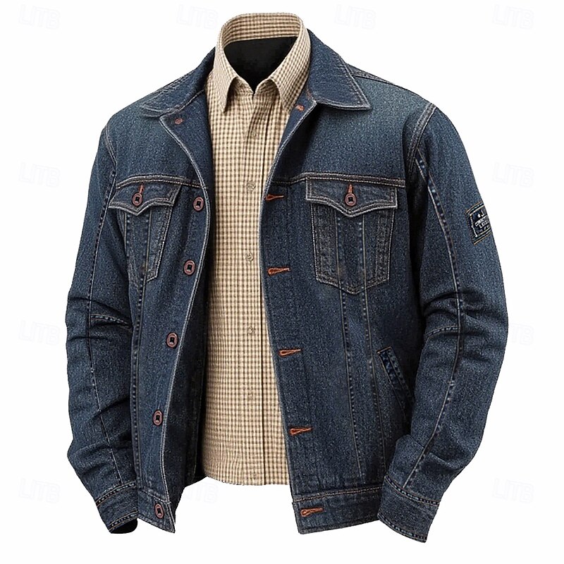 Men's Denim Jacket Casual Casual Daily Windbreaker Patchwork Pocket Spring &  Fall Solid Color Vintage Fashion Short Blue Dark Blue Jacket