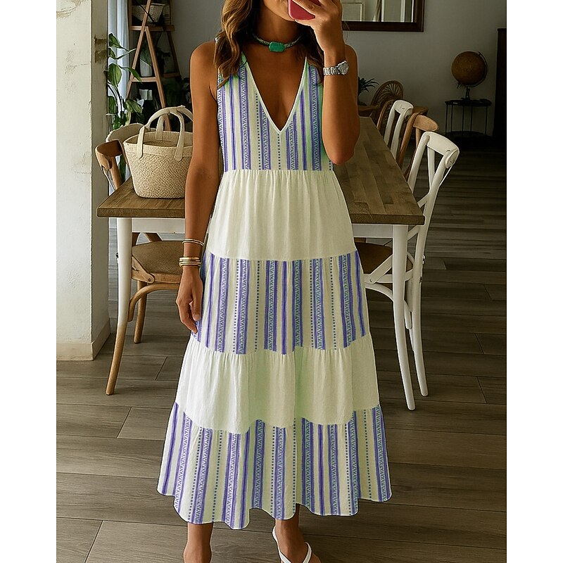 Women's Midi Dress Floral Dress Print Dress Fashion Modern Vacation Holiday Weekend Regular Fit Color Block Flower Sleeveless V Neck Red Purple Green Light Blue Summer4