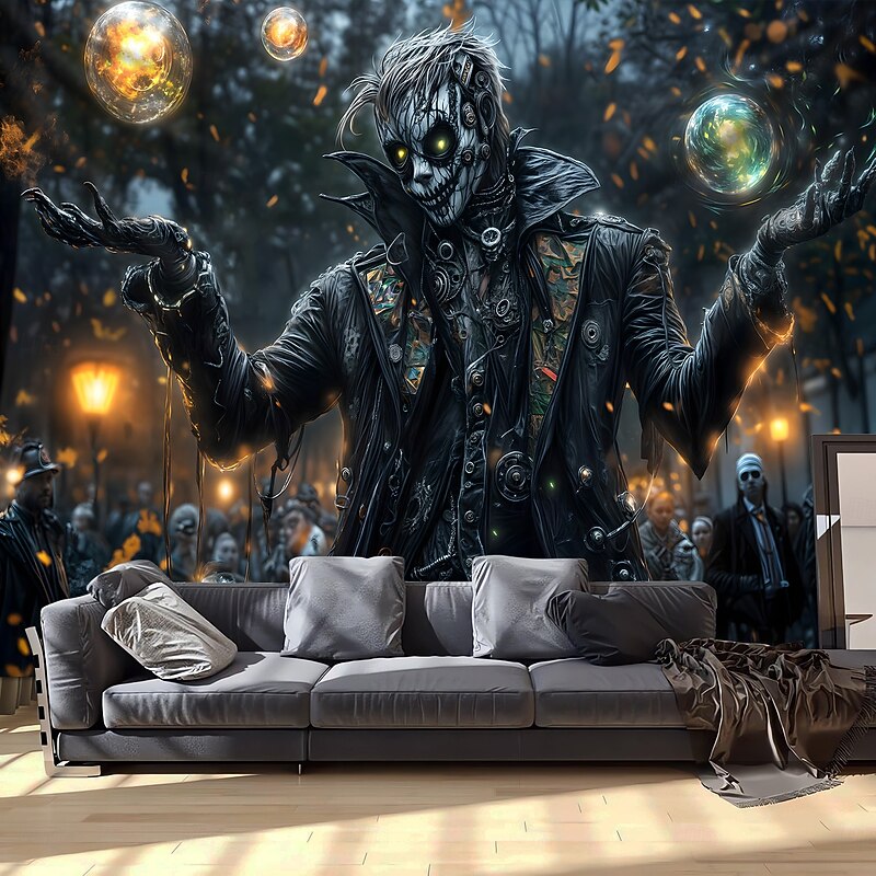 Halloween Tapestry – Gothic Skeleton Magician Wall Hanging with Glowing Eyes and Floating Magic Orbs, Dark Fantasy Backdrop for Bedroom or Party Room