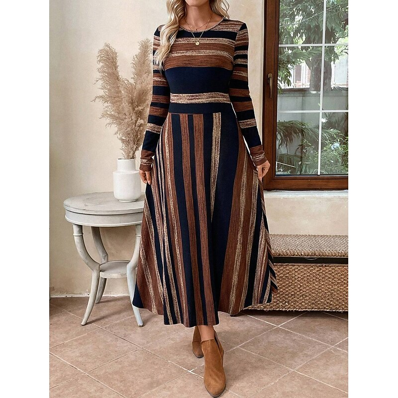 Women's Midi Dress A Line Dress Fit And Flare Dress Casual Regular Fit Graphic Geometric Long Sleeve Crew Neck Brown Summer Fall Winter4