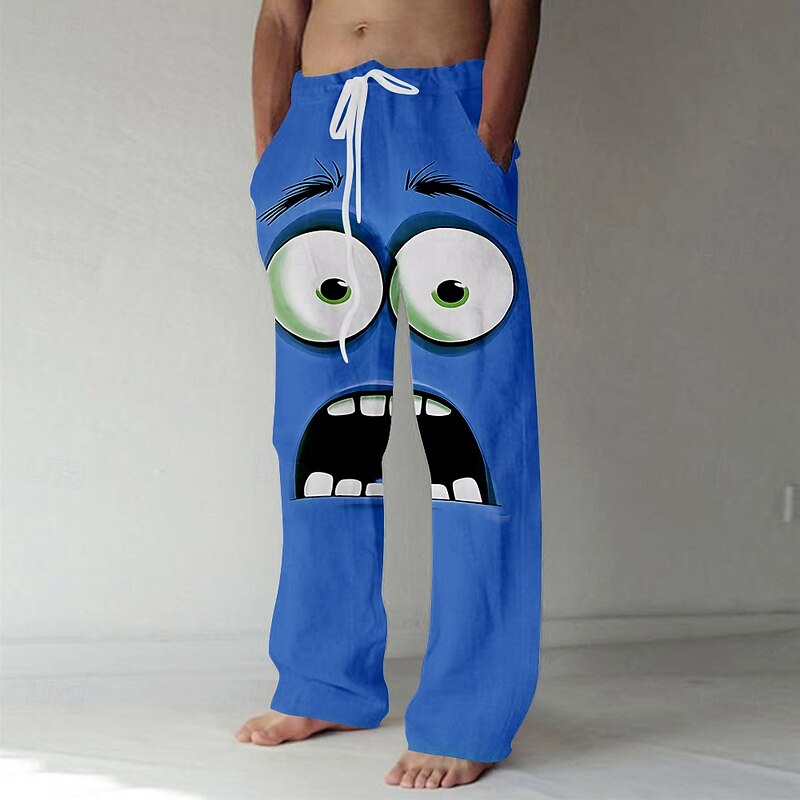 Men's 3D Cartoon Smile Face Trousers Baggy Pants Casual Pants Mid Waist Funny Outdoor Vacation Elastic Drawstring Waist Linen-Like Pants with Pockets Summer Spring Fall 3D Print Red Blue Purple2