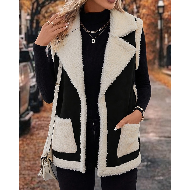 Women's Vest Warm Comfortable Patchwork Pocket Casual Color Block Outdoor Weekend Open Front Regular Turndown Regular Fit Sleeveless Outerwear Black Brown Fall Winter3