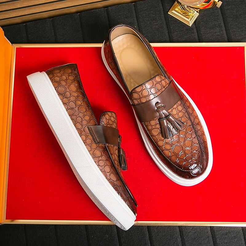 Men's Brown Crocodile Pattern Loafers with Tassels – Luxury Slip-On Dress Shoes for Business, Evening Parties and Formal Occasions3
