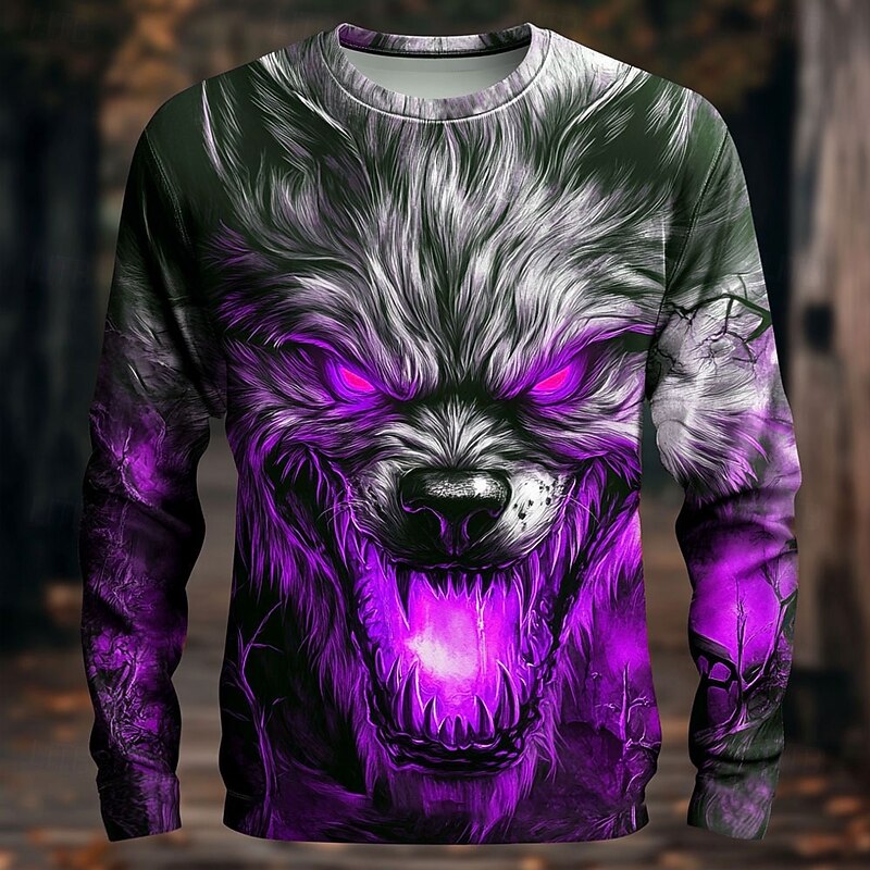 Halloween Men's 3D Werewolf T Shirt Long Sleeve T shirt 3D Print Crew Neck Shirt Fashion Exaggerated Street Casual Daily Red Blue Purple Summer Spring Fall Clothing Apparel S M L XL XXL XXXL3