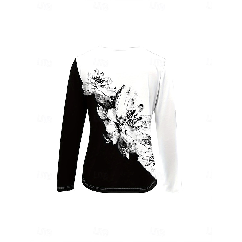 Women's T Shirt Floral Graphic Plants Elegant Vintage Stylish Long Sleeve Round Neck Notched Neck Regular Tops Daily Weekend Zipper Print Black and White Spring Fall Winter3