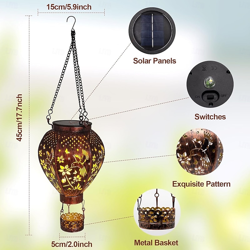 1 Pc 45CM outdoor solar hot air balloon hanging light hollow iron projection light hummingbird mushroom courtyard garden terrace balcony decorative lantern landscape light3