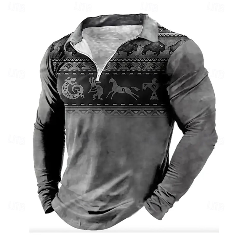 Men's Graphic Polo Long Sleeve Vintage Casual Daily Vacation Causal Zipper 3D Print Spring Fall Winter ash-colored