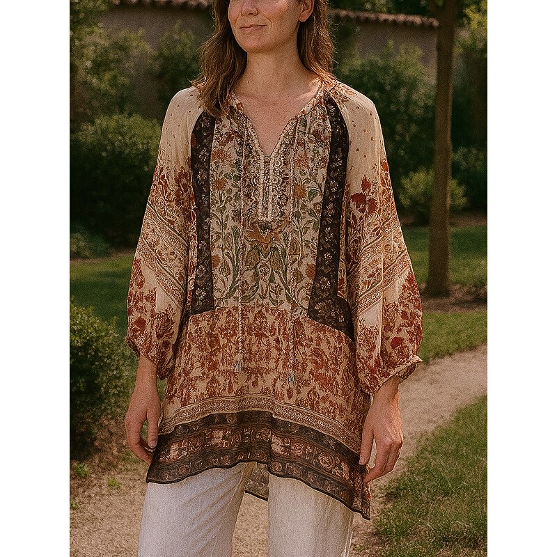 Women's Linen Cotton Boho Shirt Floral Seashell Paisley Abstract Vintage Stylish Ethnic 3/4 Length Sleeve Lantern Sleeve V Neck Regular Tops Daily Holiday Going out Tie Front Brown Summer Spring Fall