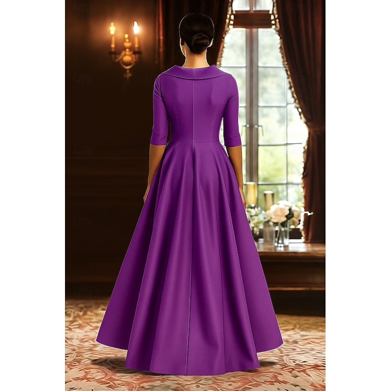 Red Black A-Line Mother of the Bride Dress Elegant High Split Shirt Collar Asymmetrical Satin 3/4 Length Sleeve with Appliques 20253